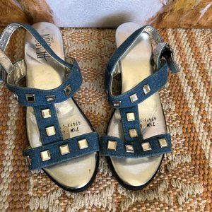 90s vintage denim rhinestone t strap chunky block heel sandals 7 1/2 W 8